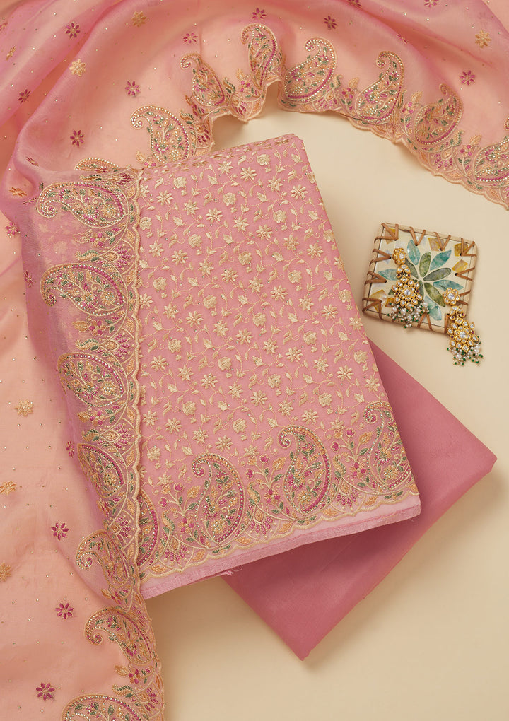 Pink Threadwork Organza Unstitched Salwar Suit