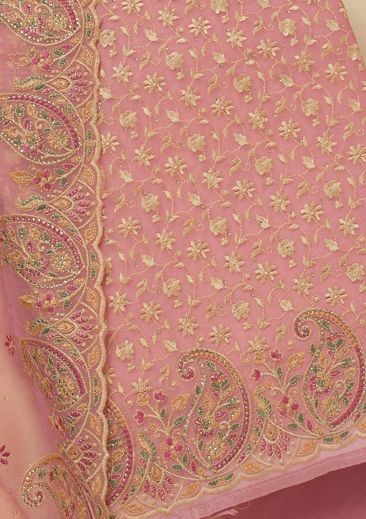 Pink Threadwork Organza Unstitched Salwar Suit