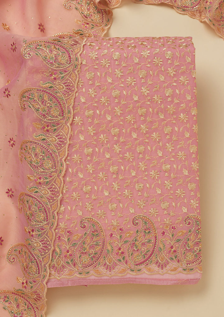 Pink Threadwork Organza Unstitched Salwar Suit