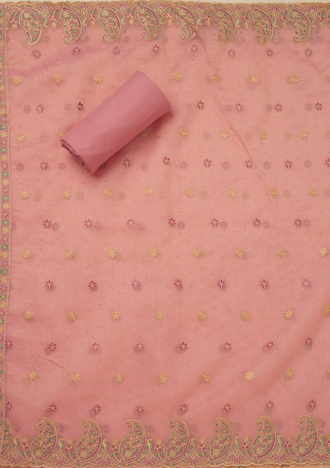 Pink Threadwork Organza Unstitched Salwar Suit