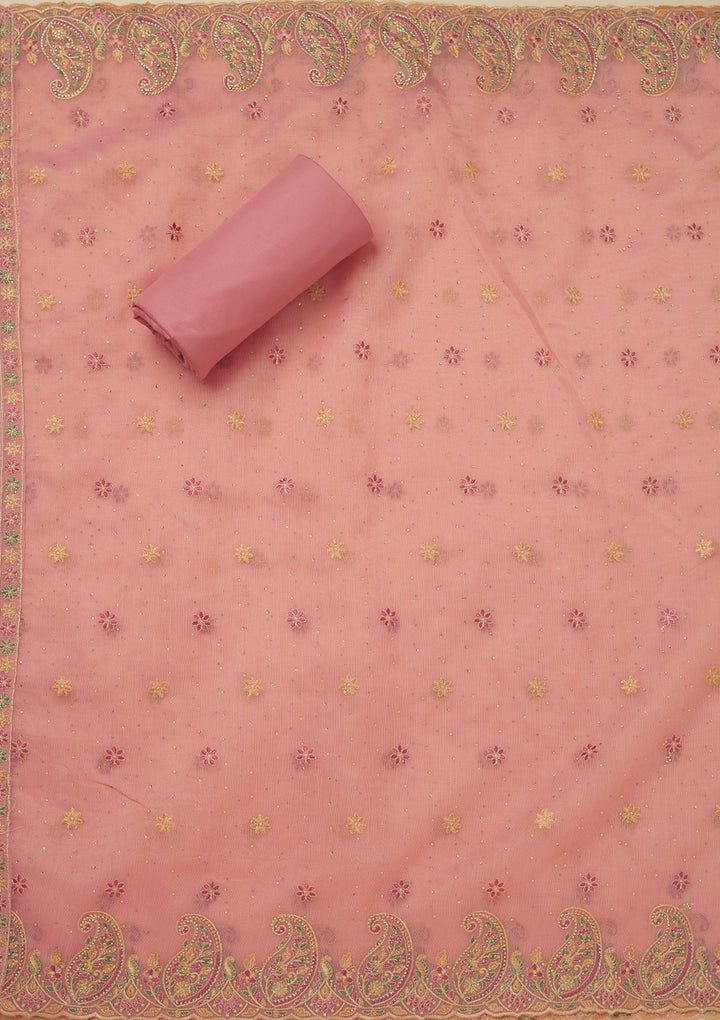 Pink Threadwork Organza Unstitched Salwar Suit