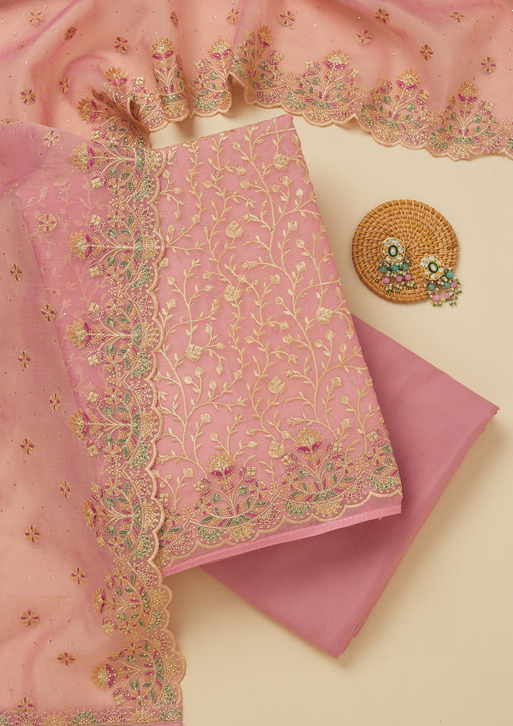 Pink Threadwork Organza Unstitched Salwar Suit