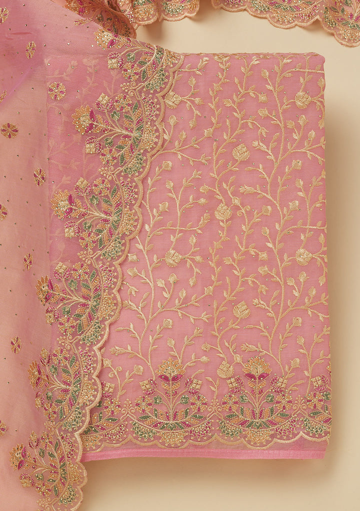 Pink Threadwork Organza Unstitched Salwar Suit