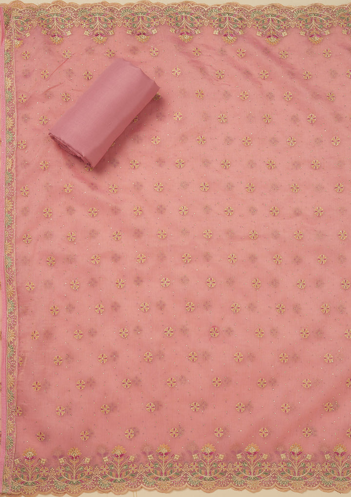 Pink Threadwork Organza Unstitched Salwar Suit