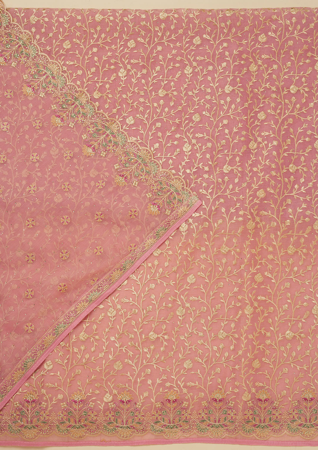 Pink Threadwork Organza Unstitched Salwar Suit