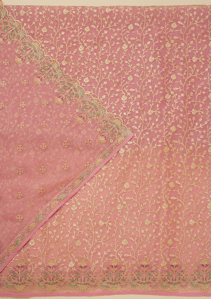 Pink Threadwork Organza Unstitched Salwar Suit