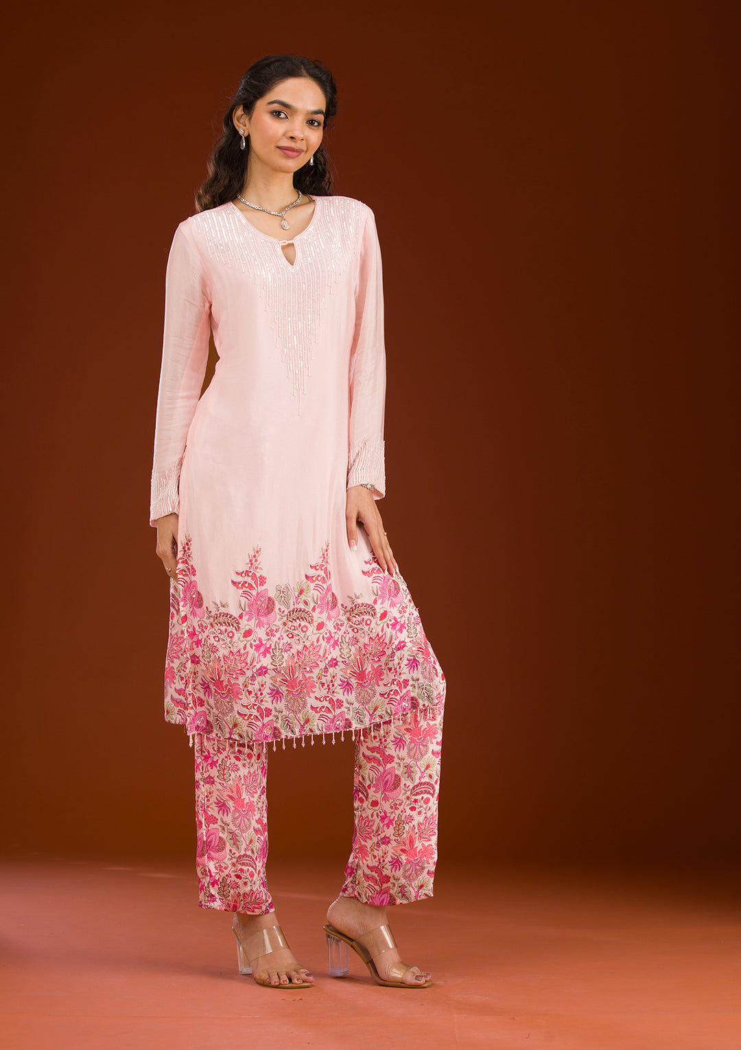 Pink Threadwork Semi Crepe Readymade Salwar Suit