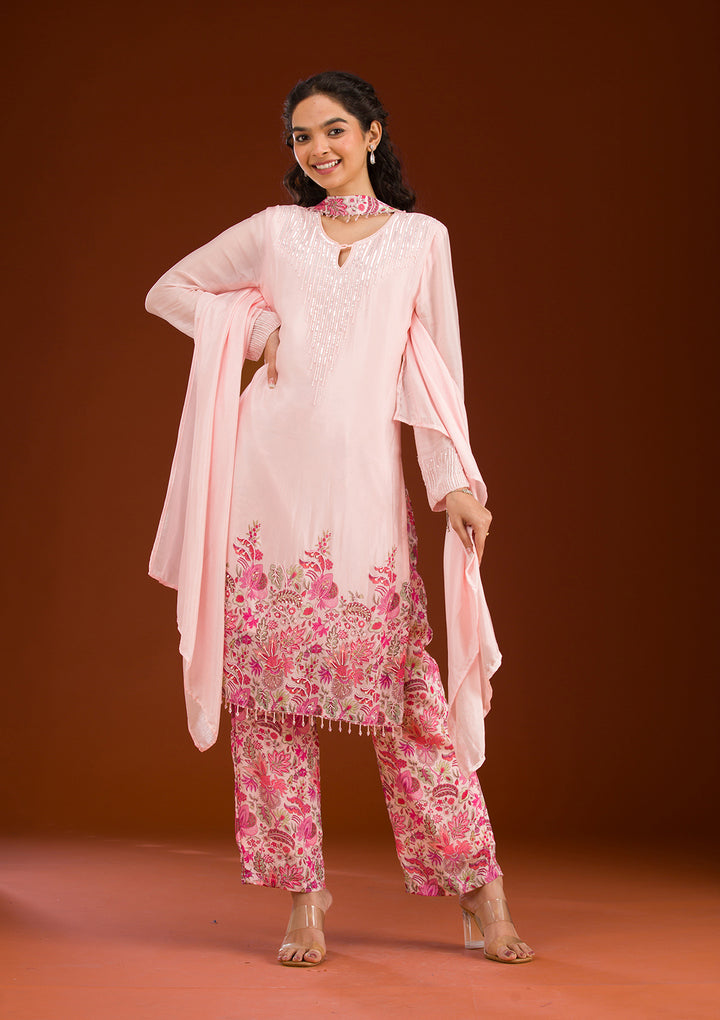 Pink Threadwork Semi Crepe Readymade Salwar Suit