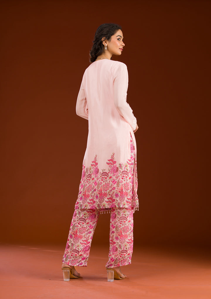 Pink Threadwork Semi Crepe Readymade Salwar Suit