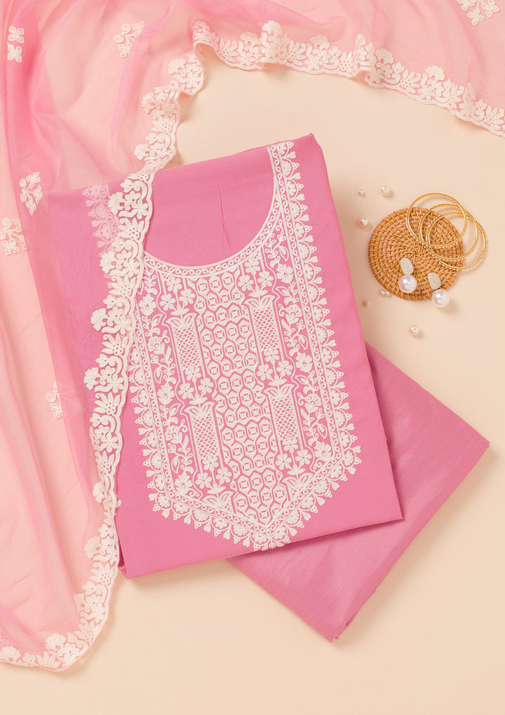 Pink Threadwork Semi Crepe Unstitched Salwar Suit