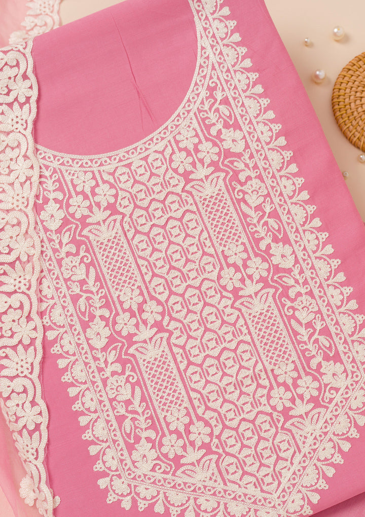 Pink Threadwork Semi Crepe Unstitched Salwar Suit