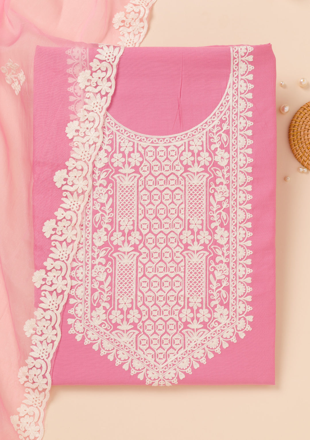 Pink Threadwork Semi Crepe Unstitched Salwar Suit