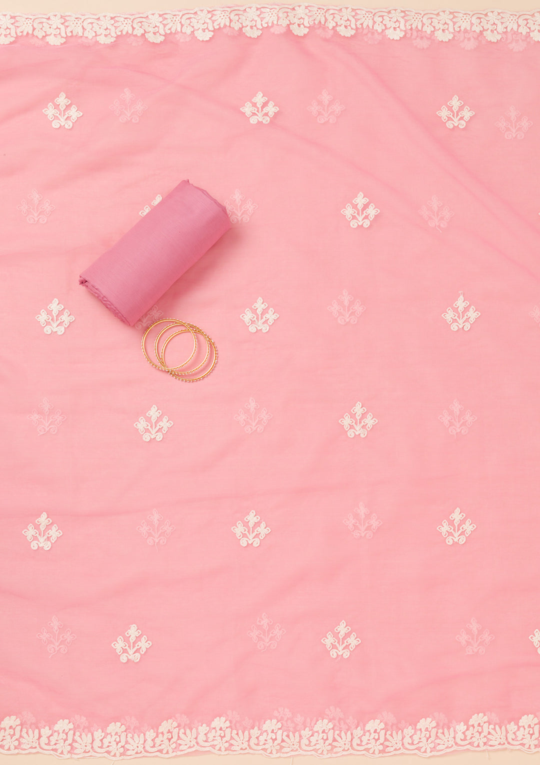 Pink Threadwork Semi Crepe Unstitched Salwar Suit