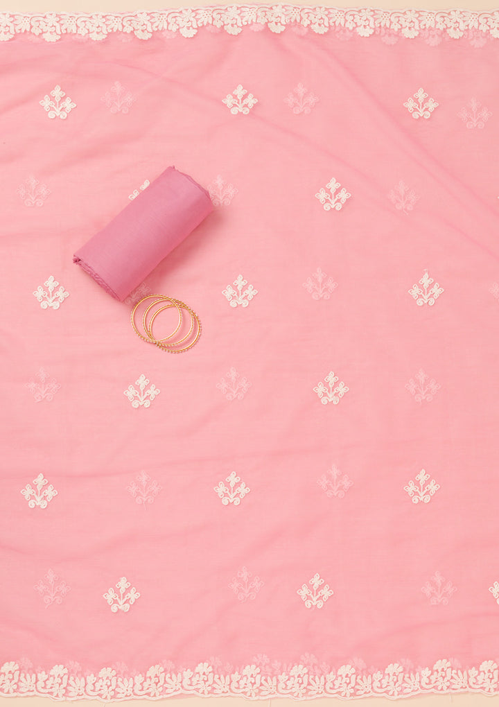 Pink Threadwork Semi Crepe Unstitched Salwar Suit
