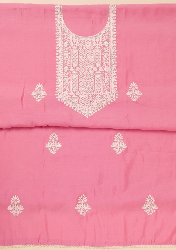 Pink Threadwork Semi Crepe Unstitched Salwar Suit