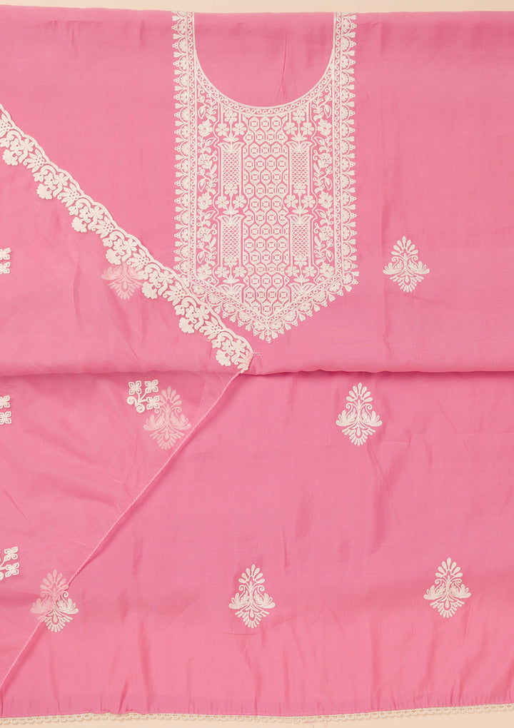 Pink Threadwork Semi Crepe Unstitched Salwar Suit