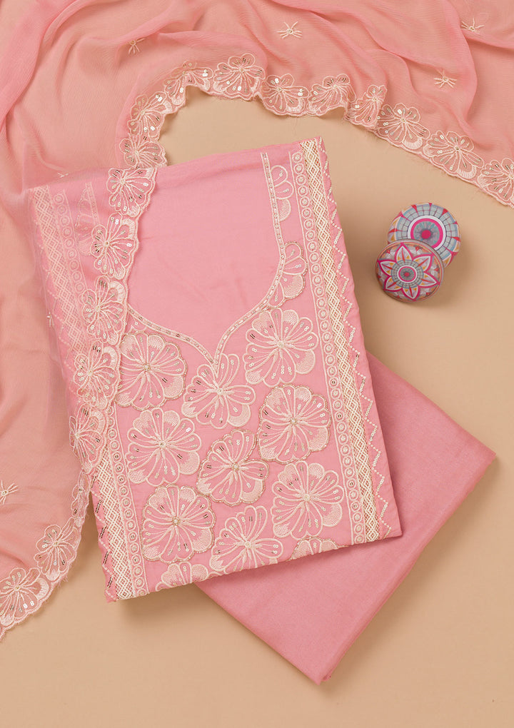 Pink Threadwork Semi Crepe Unstitched Salwar Suit
