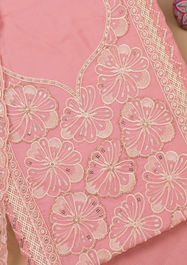 Pink Threadwork Semi Crepe Unstitched Salwar Suit
