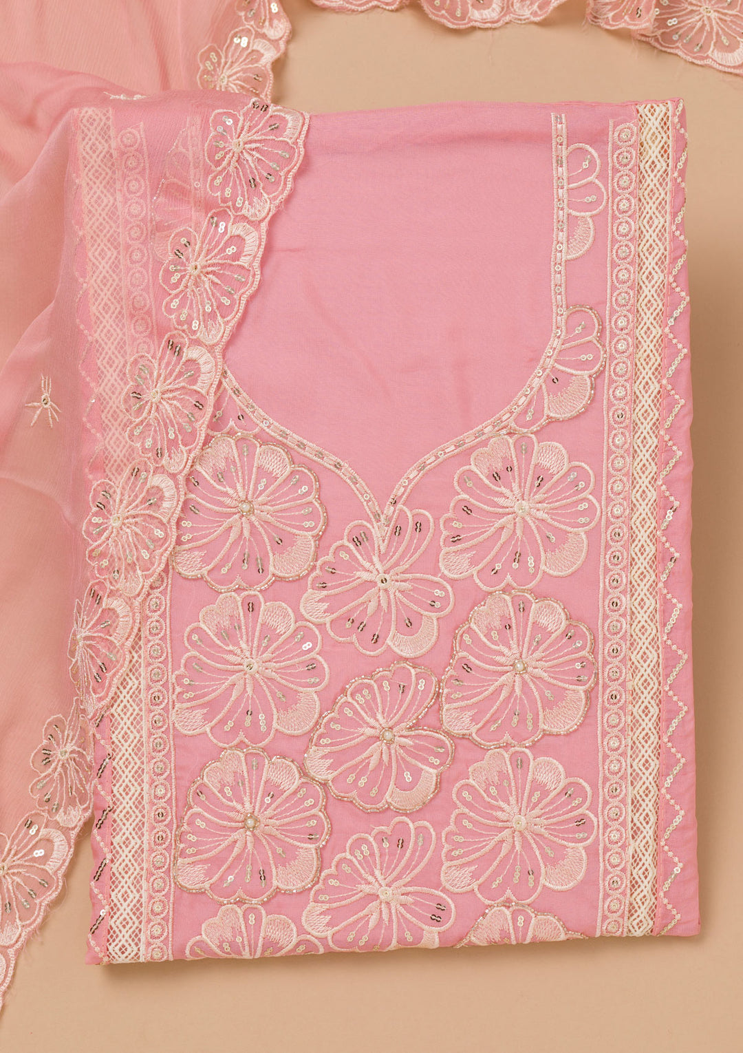 Pink Threadwork Semi Crepe Unstitched Salwar Suit