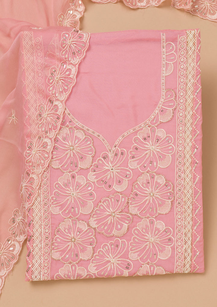 Pink Threadwork Semi Crepe Unstitched Salwar Suit