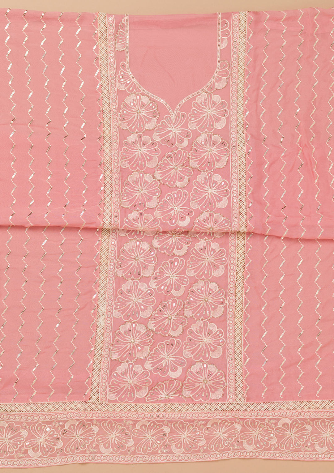 Pink Threadwork Semi Crepe Unstitched Salwar Suit