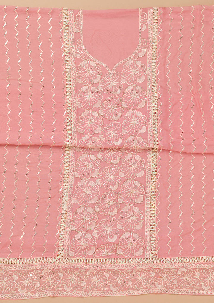 Pink Threadwork Semi Crepe Unstitched Salwar Suit