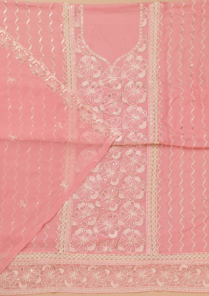 Pink Threadwork Semi Crepe Unstitched Salwar Suit
