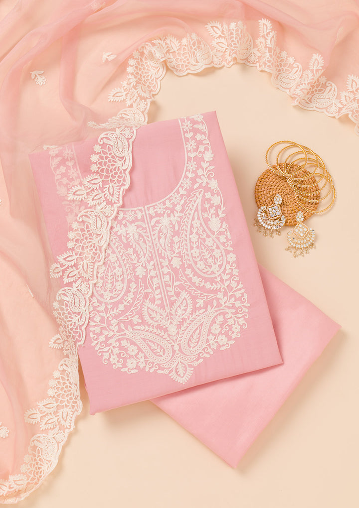 Pink Threadwork Semi Crepe Unstitched Salwar Suit