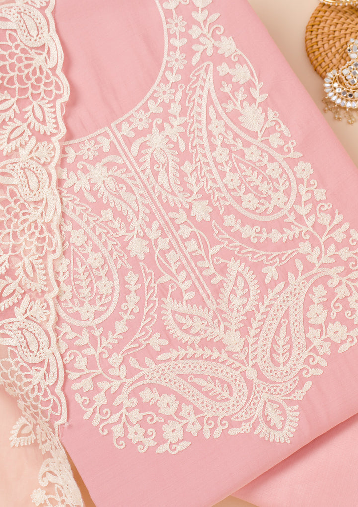 Pink Threadwork Semi Crepe Unstitched Salwar Suit