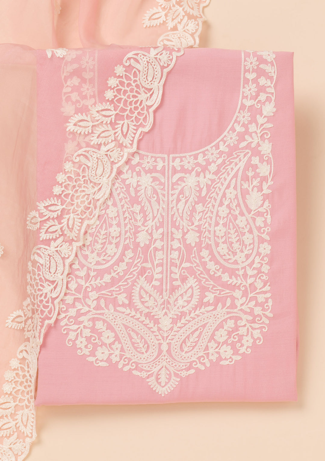 Pink Threadwork Semi Crepe Unstitched Salwar Suit