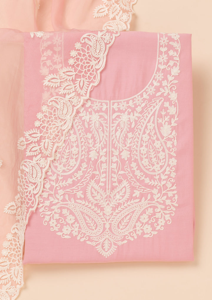 Pink Threadwork Semi Crepe Unstitched Salwar Suit