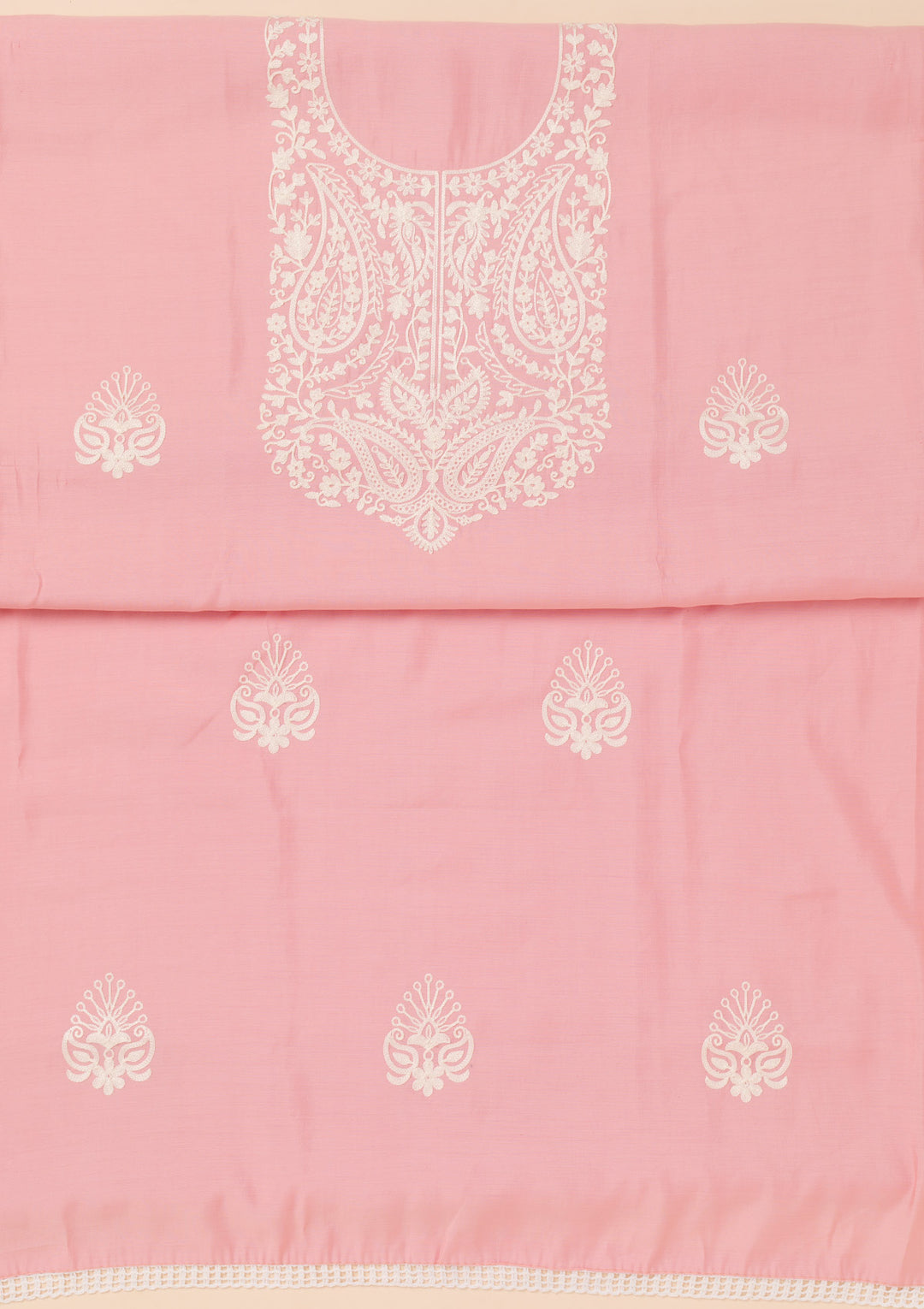 Pink Threadwork Semi Crepe Unstitched Salwar Suit