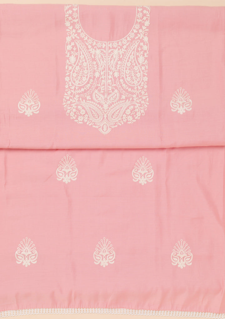 Pink Threadwork Semi Crepe Unstitched Salwar Suit