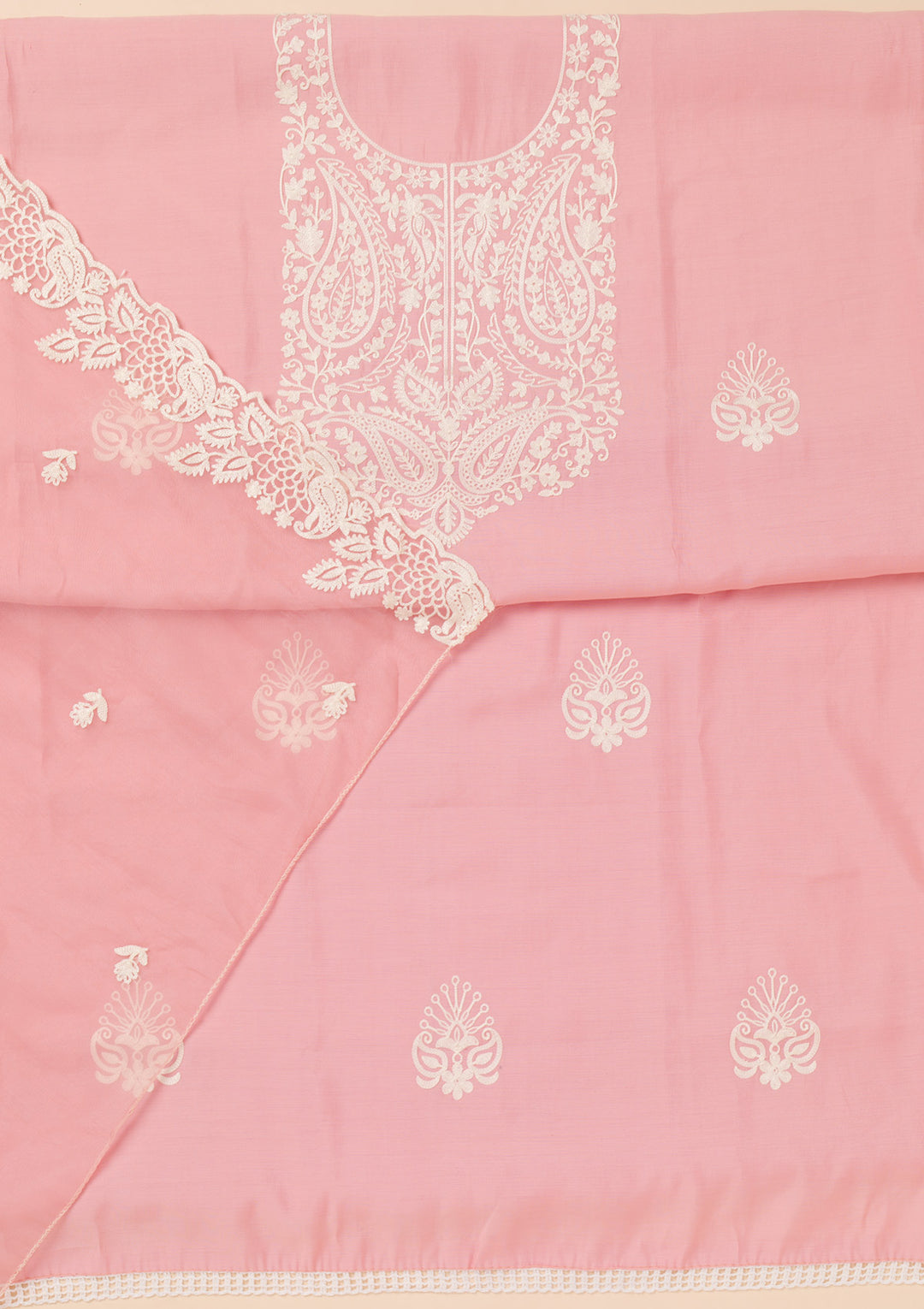 Pink Threadwork Semi Crepe Unstitched Salwar Suit