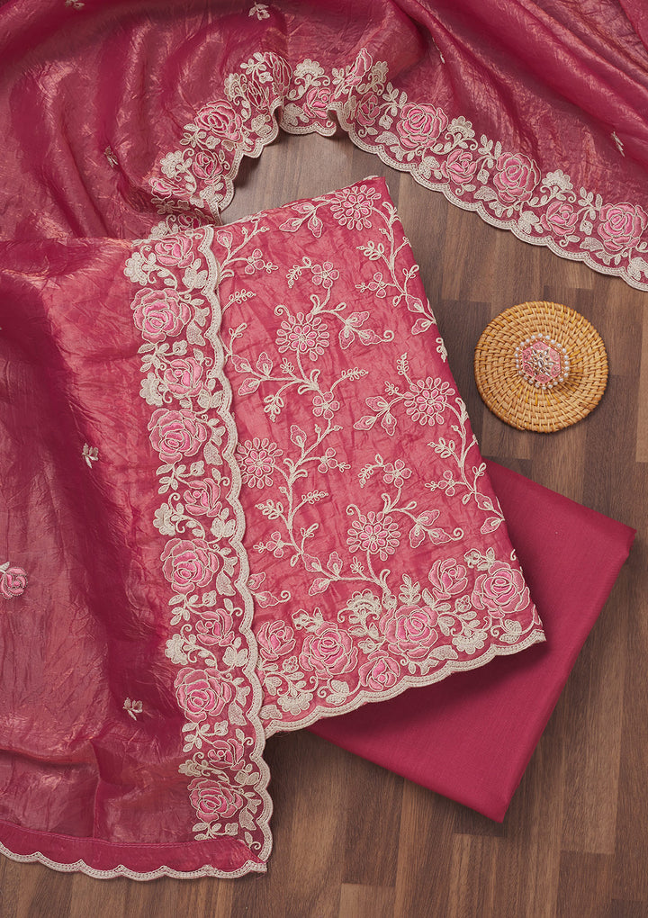 Pink Threadwork Semi Crepe Unstitched Salwar Suit