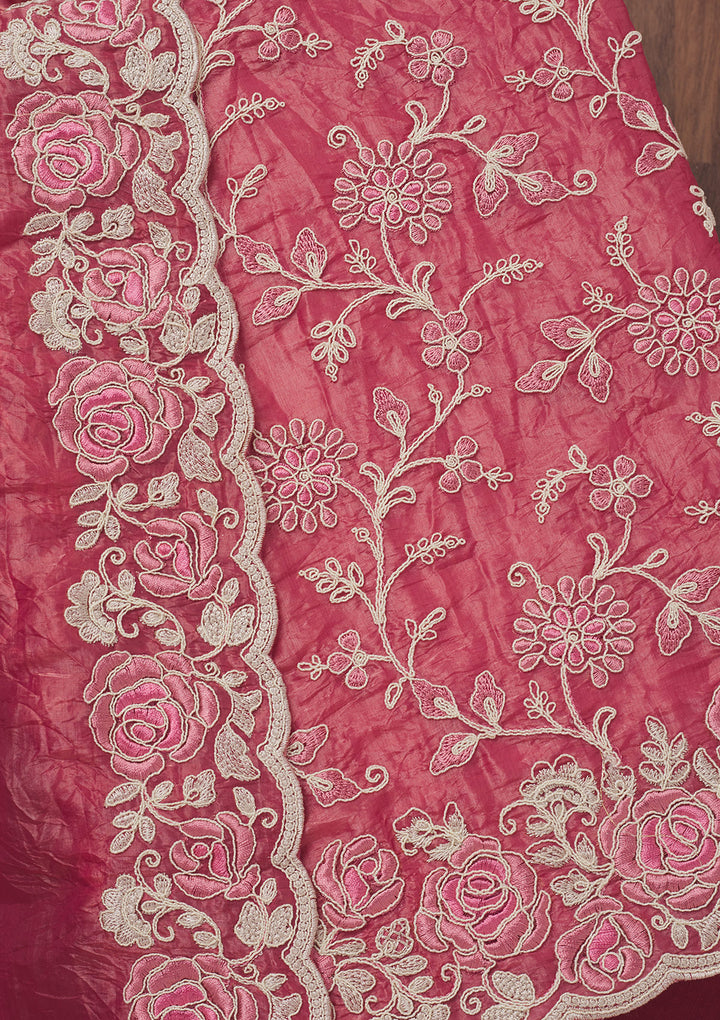Pink Threadwork Semi Crepe Unstitched Salwar Suit