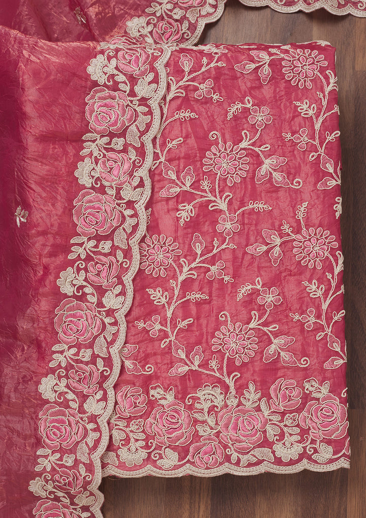 Pink Threadwork Semi Crepe Unstitched Salwar Suit