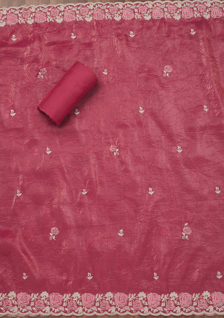 Pink Threadwork Semi Crepe Unstitched Salwar Suit