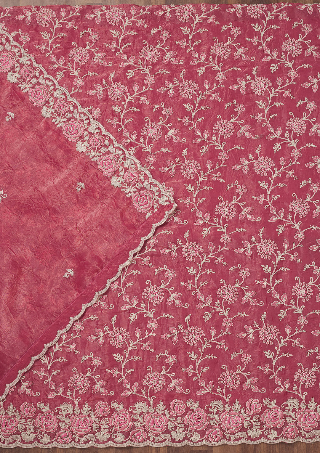 Pink Threadwork Semi Crepe Unstitched Salwar Suit