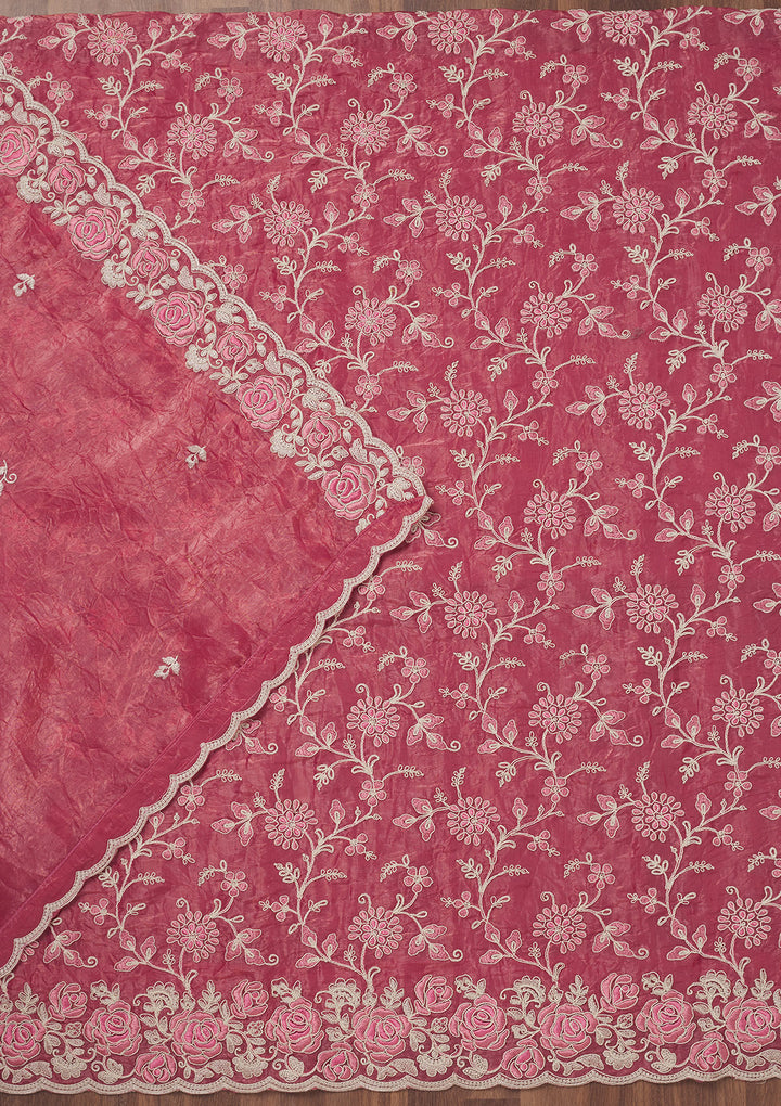 Pink Threadwork Semi Crepe Unstitched Salwar Suit