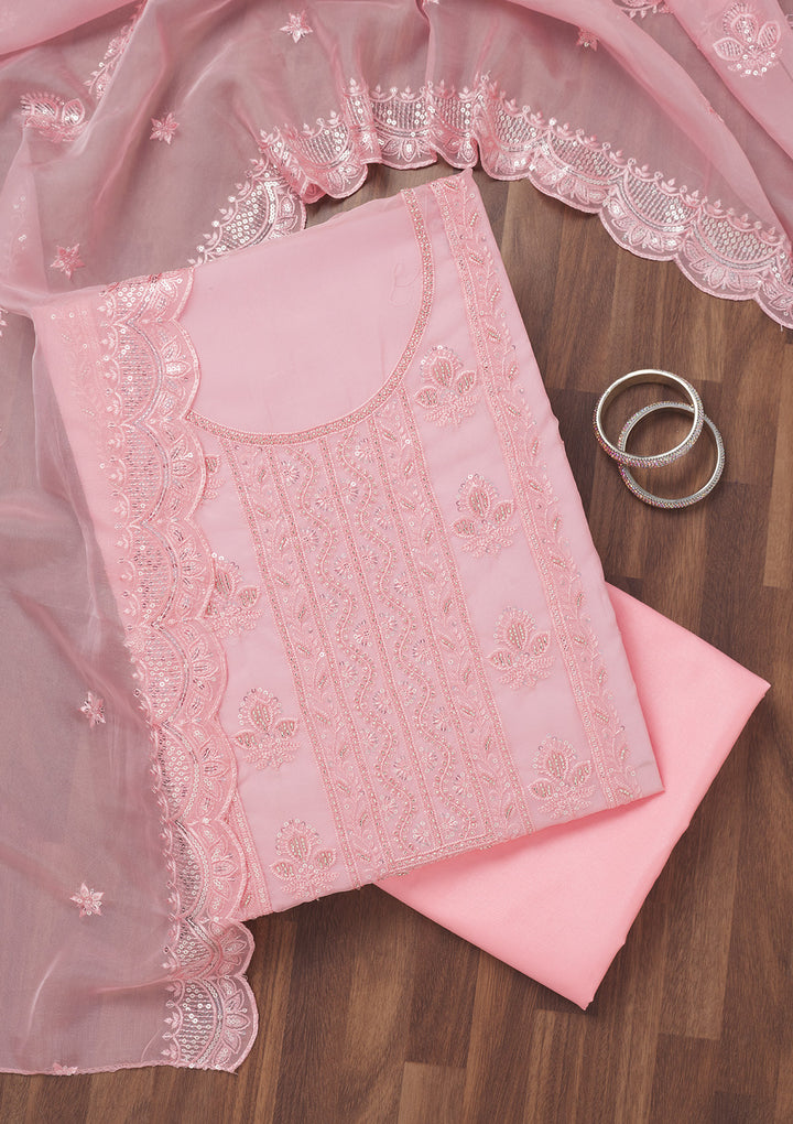 Pink Threadwork Semi Crepe Unstitched Salwar Suit
