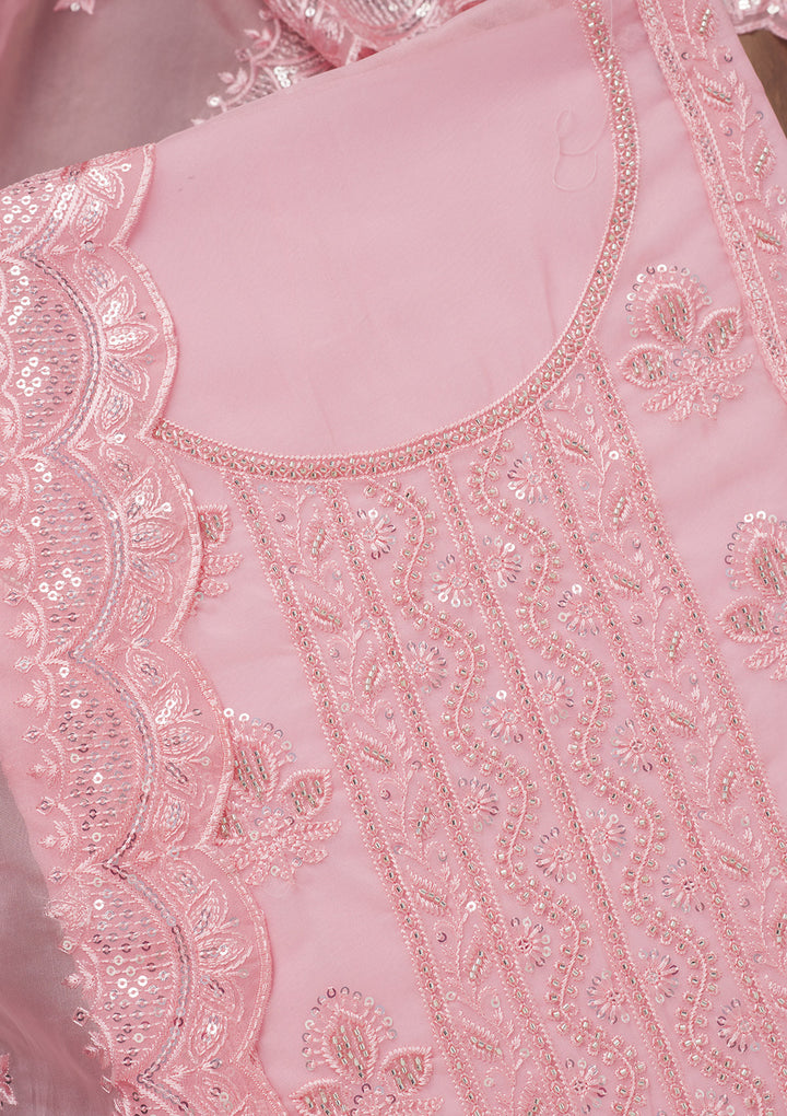 Pink Threadwork Semi Crepe Unstitched Salwar Suit