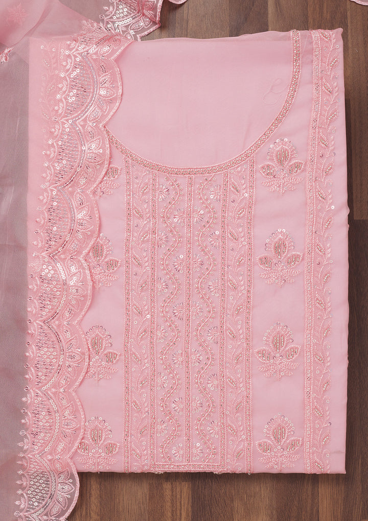 Pink Threadwork Semi Crepe Unstitched Salwar Suit