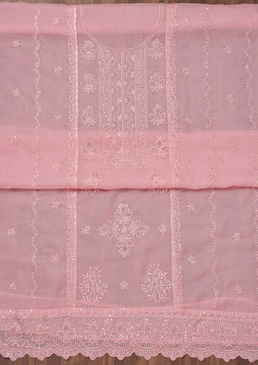 Pink Threadwork Semi Crepe Unstitched Salwar Suit