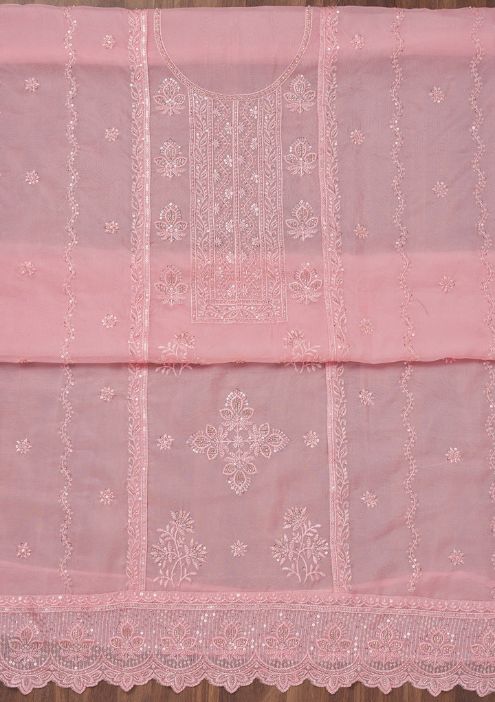 Pink Threadwork Semi Crepe Unstitched Salwar Suit