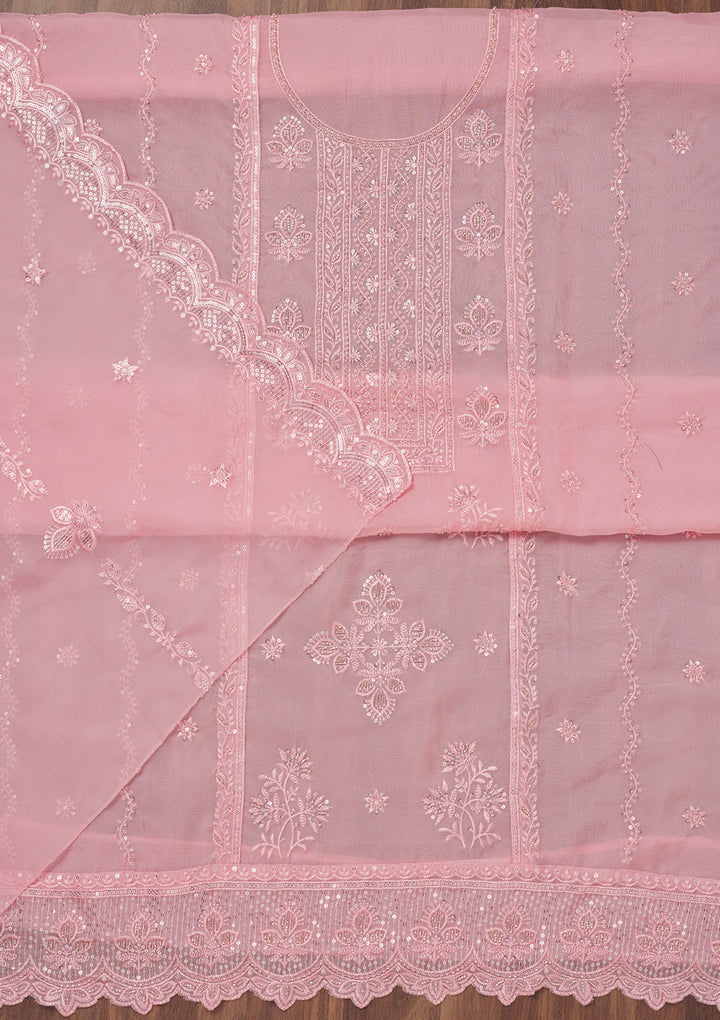 Pink Threadwork Semi Crepe Unstitched Salwar Suit