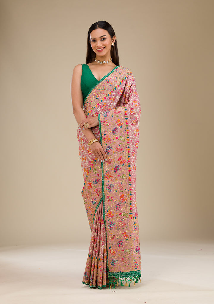 Pink Threadwork Soft Silk Saree
