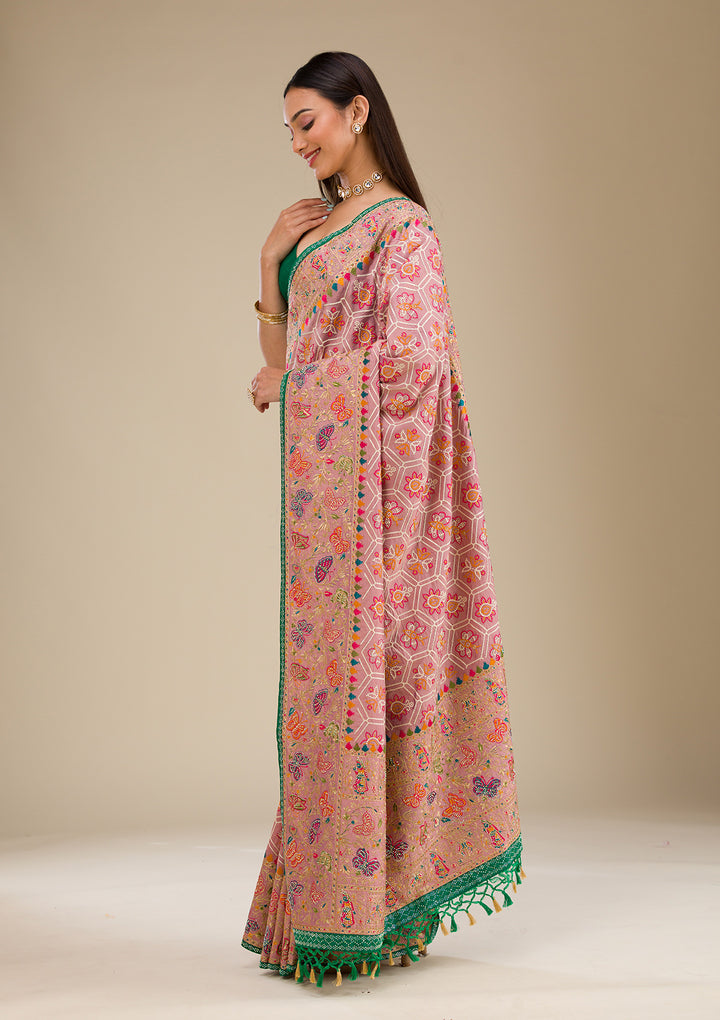 Pink Threadwork Soft Silk Saree