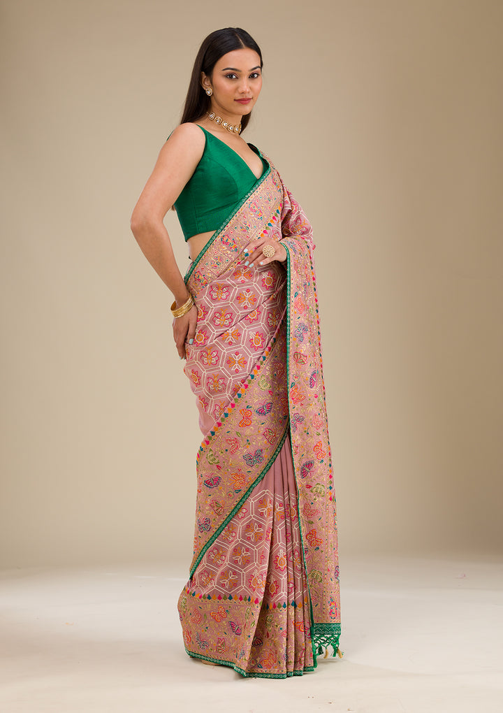 Pink Threadwork Soft Silk Saree