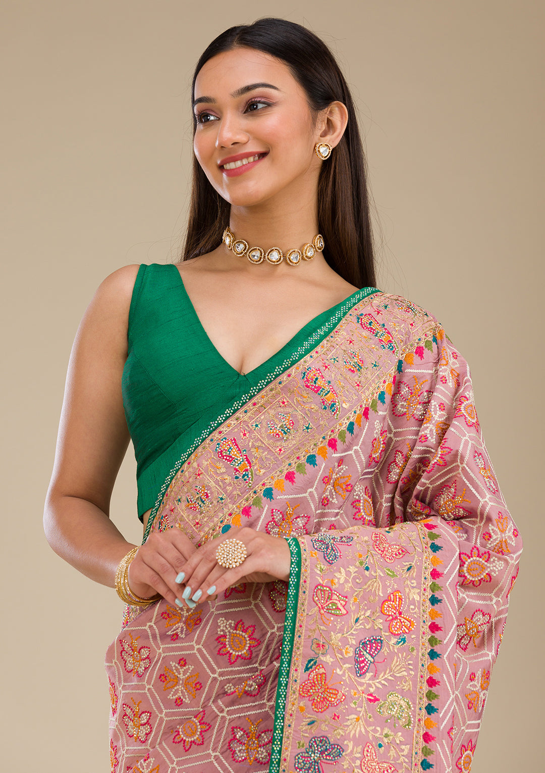 Pink Threadwork Soft Silk Saree